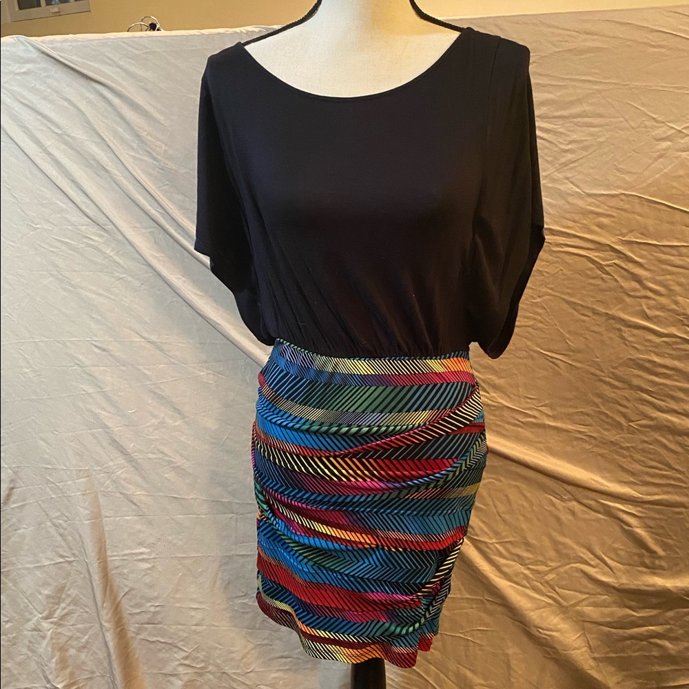 BCBGeneration Black Short Sleeve Rainbow Striped Body Con Dress Women’s Size S